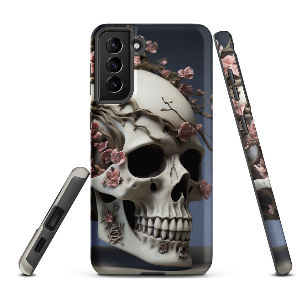 Ethereal Bloom protective case for a Samsung phone and small dusty-pink flowers around the skull