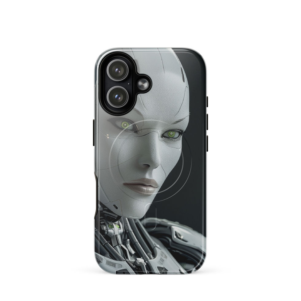 Cyber Empress MagSafe iPhone case with silver female robot portrait