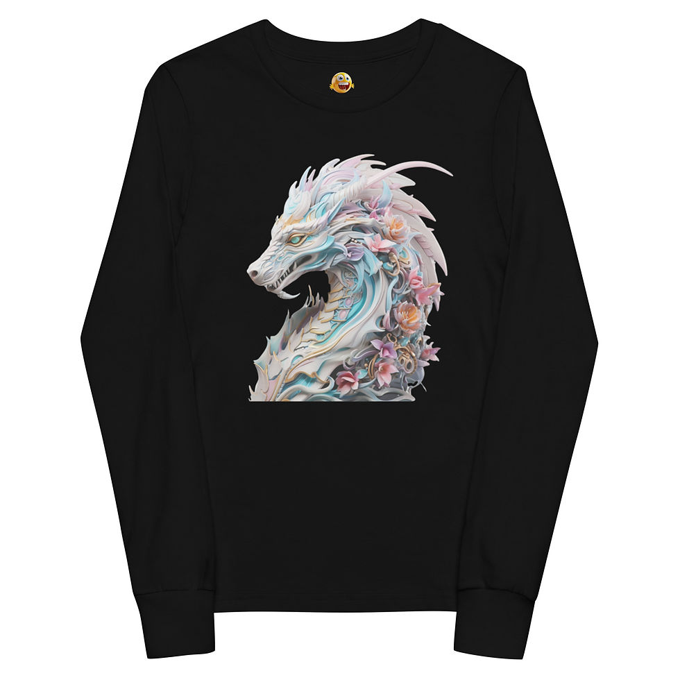 Floral Majesty Dragon: black youth long-sleeve T-shirt with a pale blue dragon with pink flowers
