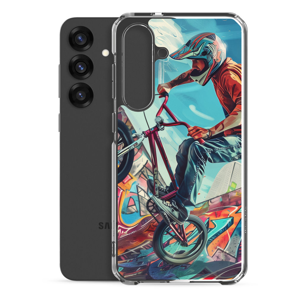 Urban Freestyle Clear case for Galaxy S25 Plus, BMX rider and colourful graffiti, phone beside printed case on white