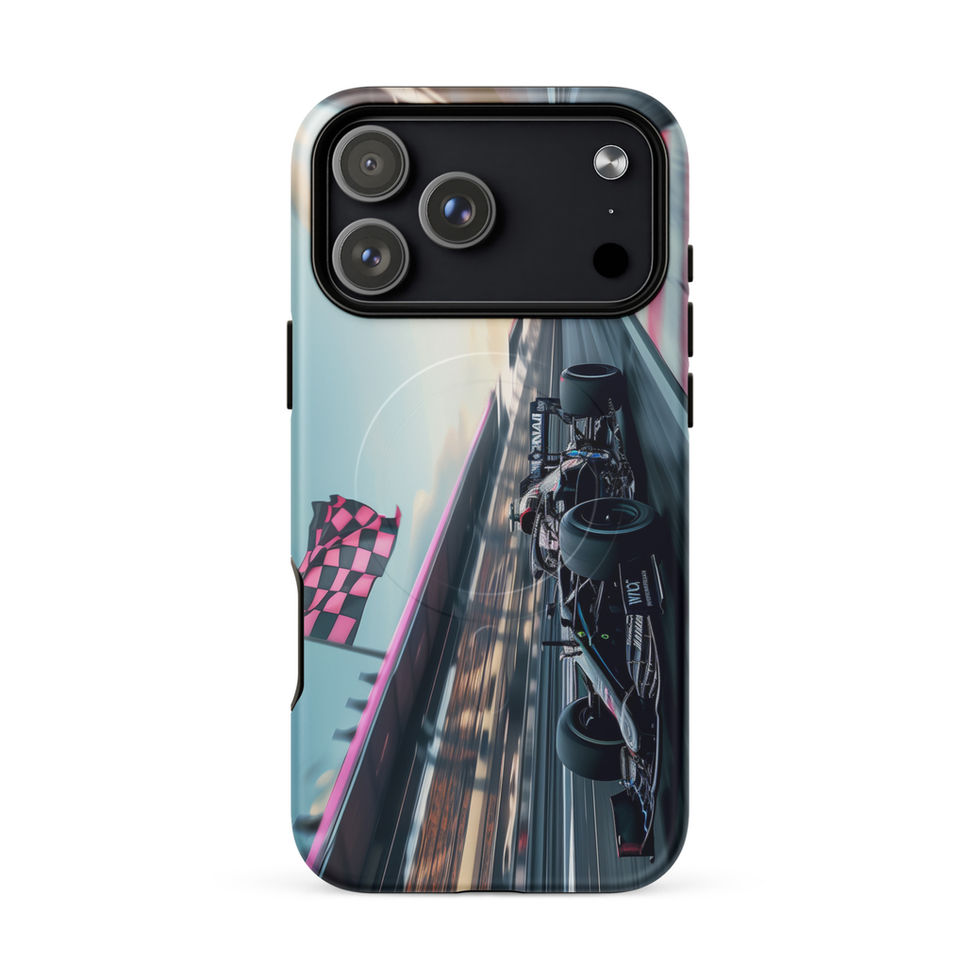 Blackout Champion MagSafe Tough case for iPhone 17 Pro Max, dark race car and pink flags, rear view on white