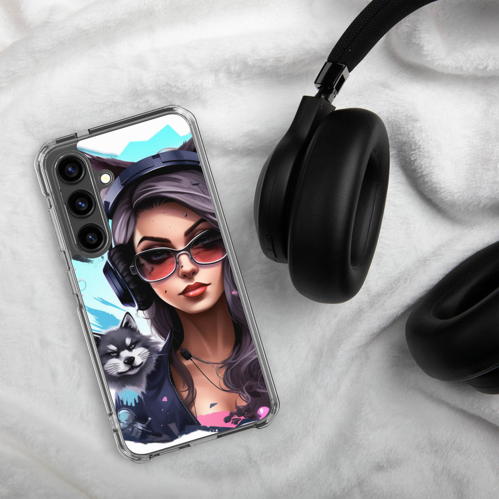Printed back of Shadow Huntress Samsung clear case showing companion wolf at the left edge