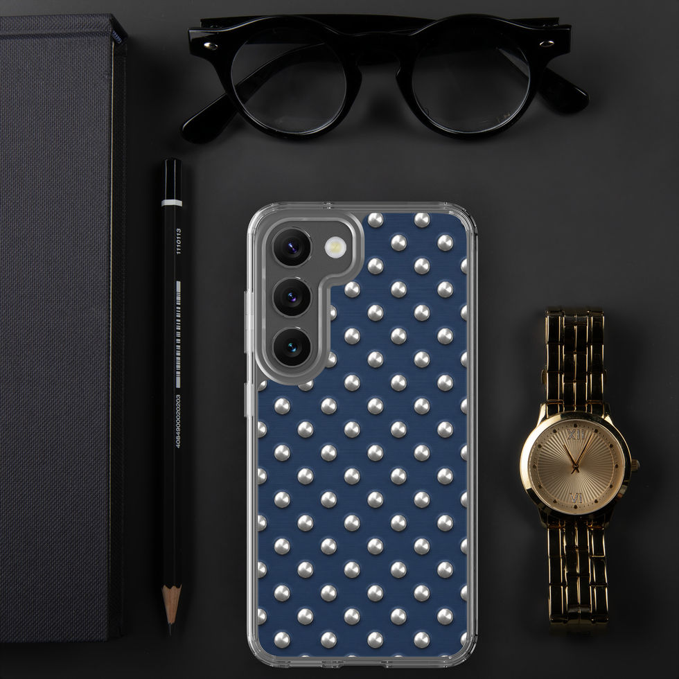 Midnight Silver Dots clear case for Samsung Galaxy S23, silver-look dots on navy blue