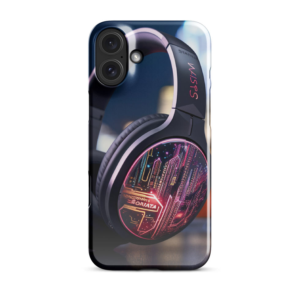 Neon Beats slim snap case for iPhone 16 Plus, dark finish with a circular pink neon music design