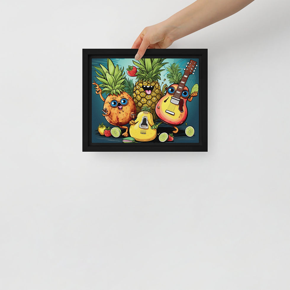 Tropical Jam Session framed canvas: a sunglasses-wearing pineapple beside blue-eyed fruit musicians