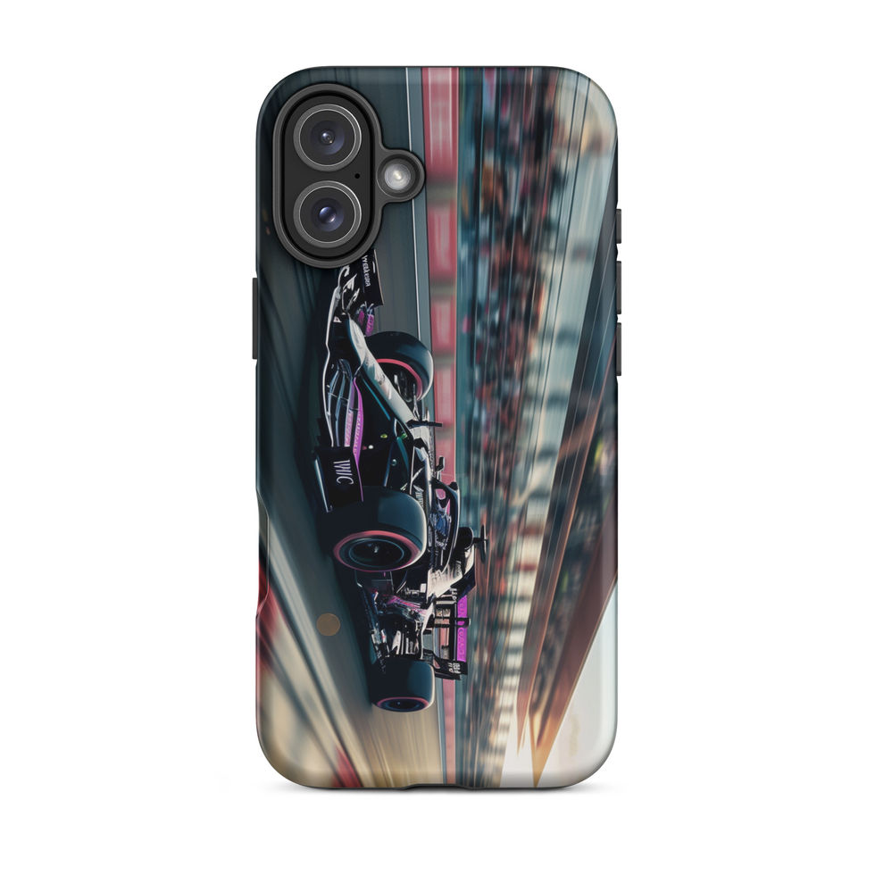 Black n Purple Power Tough case for iPhone 16 Plus, black and purple race car artwork, rear view on white