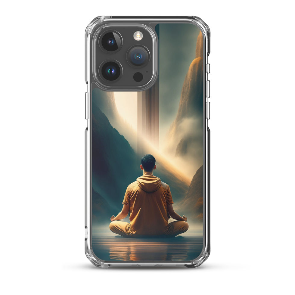 Zen Ascension iPhone clear case, clear edges framing warm robe lit against cool green surroundings.