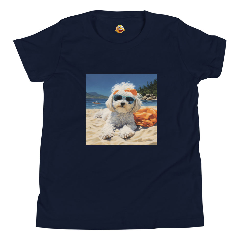 Sandy Sunshine: navy youth short-sleeve T-shirt with a puppy wearing sunglasses on a beach
