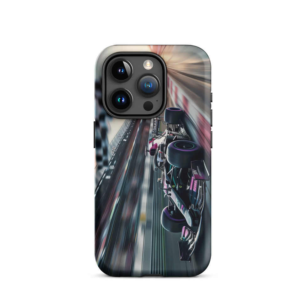 Midnight Velocity Tough case for iPhone 15 Pro, race car and night lights, rear view on white
