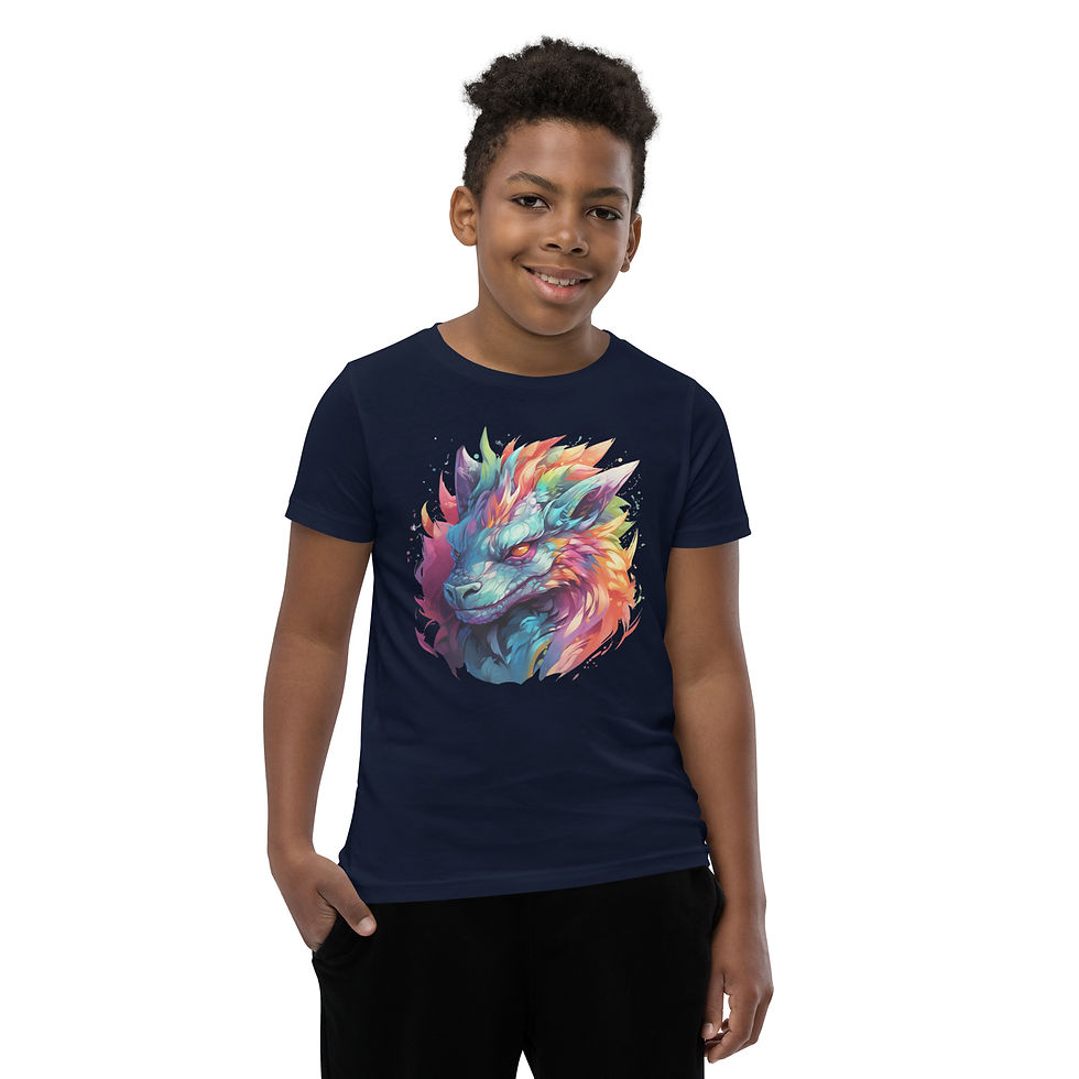 Mystic Flame: navy youth short-sleeve T-shirt with a rainbow-coloured dragon, worn by child