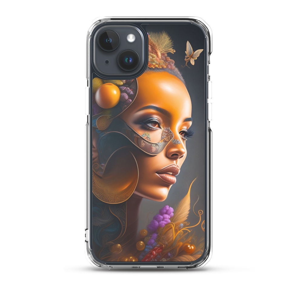 Fruit Brain iPhone Clear Case decorated with a colourful arrangement of oranges, grapes, flowers and foliage