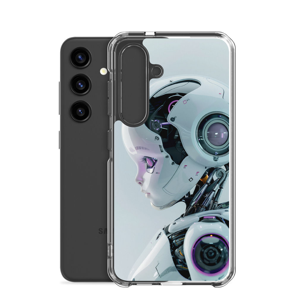 Side view of the pale-blue robot artwork on a Samsung case