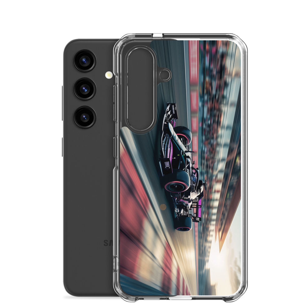 Black n Purple Power Clear case for Galaxy S24, black and purple race car artwork, rear view on white