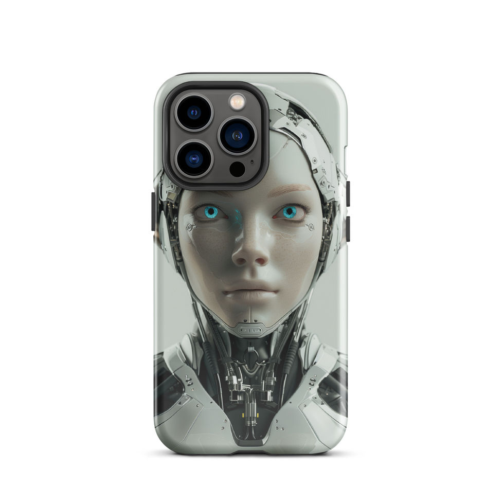 Synth Horizon porcelain android with icy blue eyes; close-up detail on an iPhone® Tough Case.