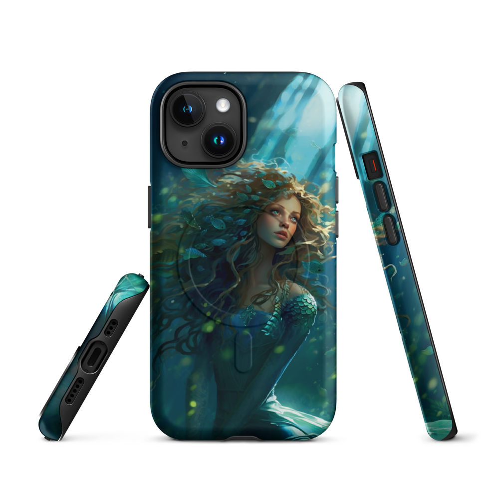 Ocean Enchantress MagSafe iPhone case shown with its side profile, featuring dark sea plants beside the underwater portrait.