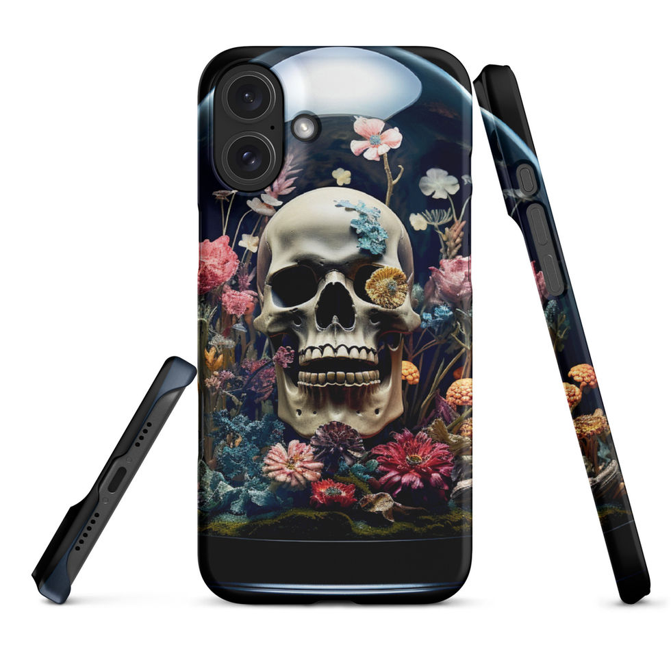 Eternal Bloom snap iPhone case showing centred olive-gold skull among flowers