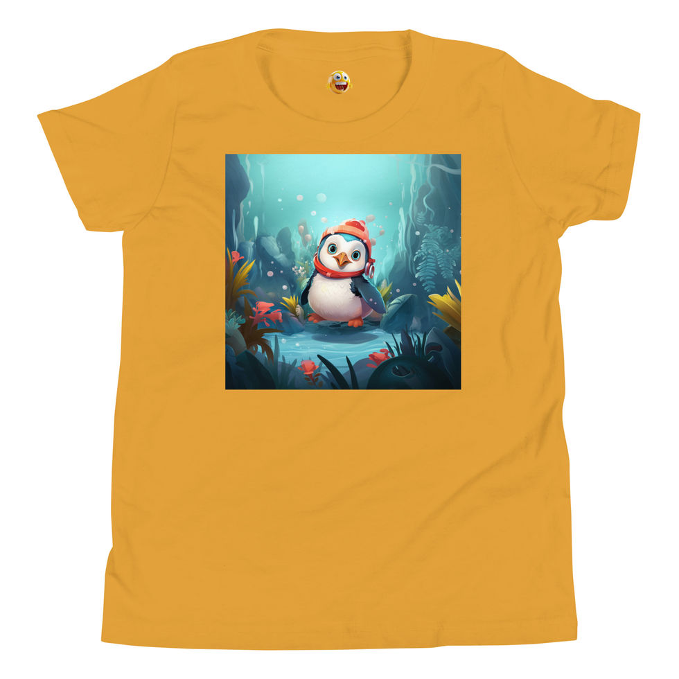 Adventurous Penguin: mustard youth short-sleeve T-shirt with a penguin in a magical blue forest