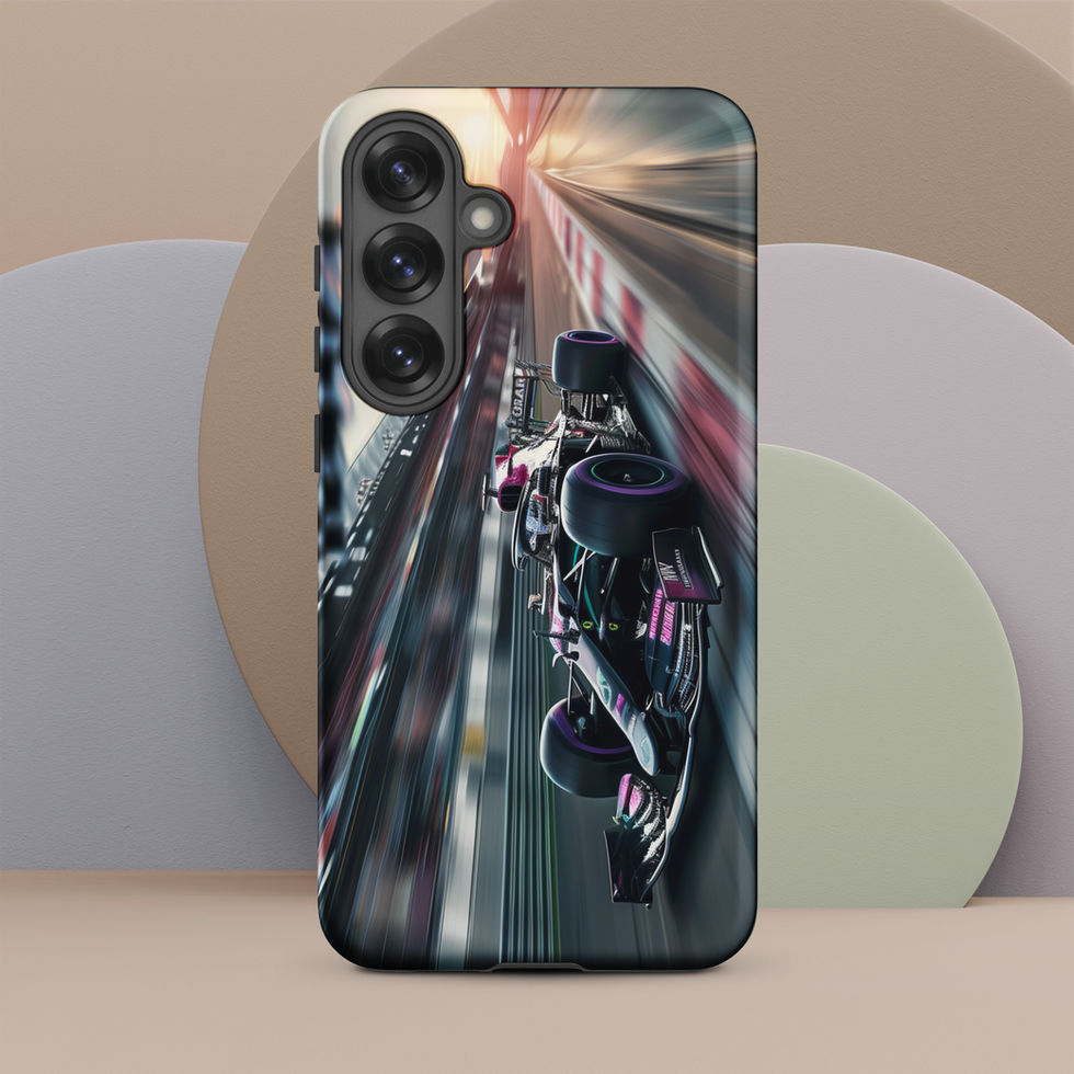 Midnight Velocity Tough case for Galaxy S25 Plus, race car and night lights, rear view on beige display
