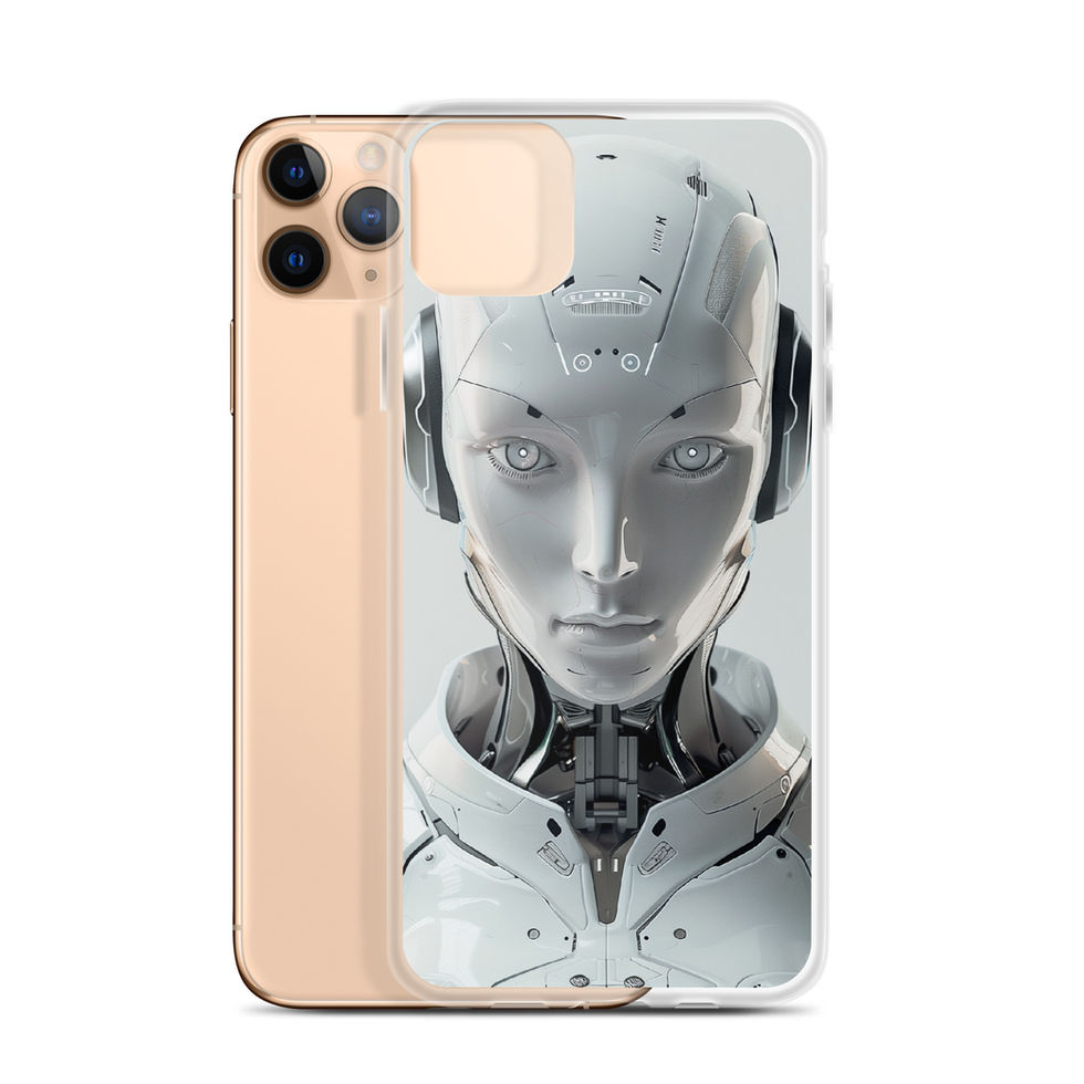 Pale-metal AI face with black geometric jaw mechanics; front product view on an iPhone® Clear Case.