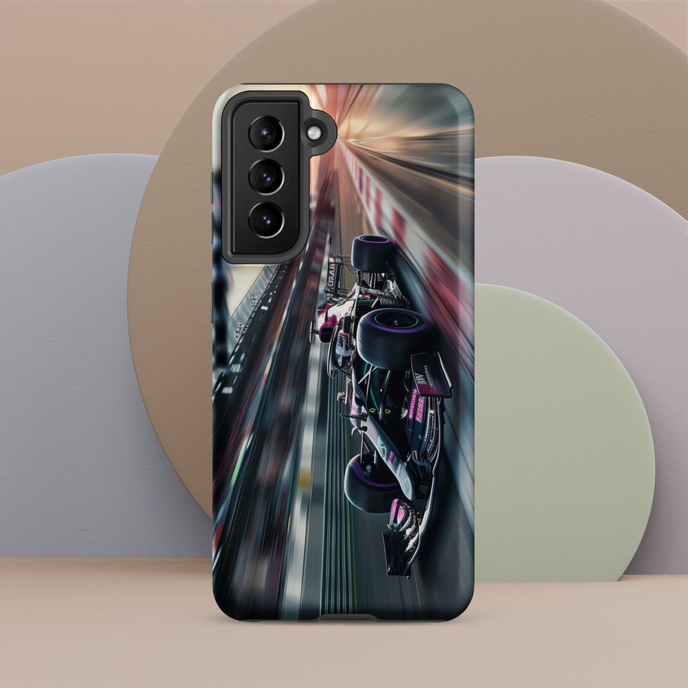 Midnight Velocity Tough case for Galaxy S21, race car and night lights, rear view on beige display
