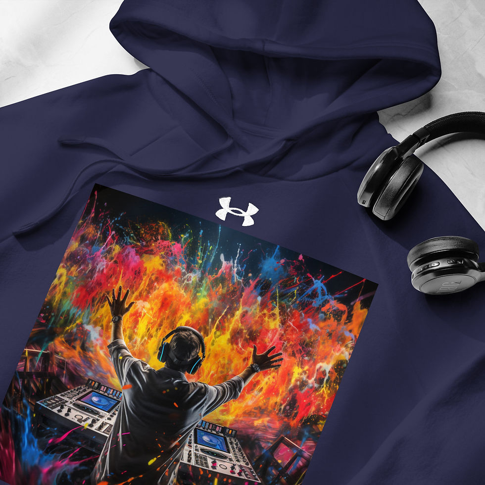Energise the Beat: navy blue Under Armour hoodie with DJ with raised arms amid bright paint, beside headphones