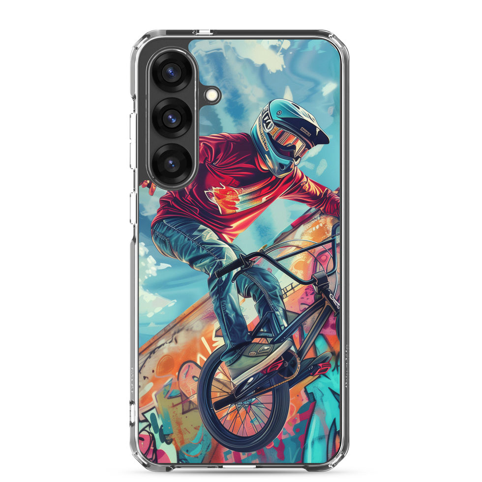 Graffiti Ride Clear case for Galaxy S25 Plus, red-top BMX rider and vivid graffiti, rear view on white