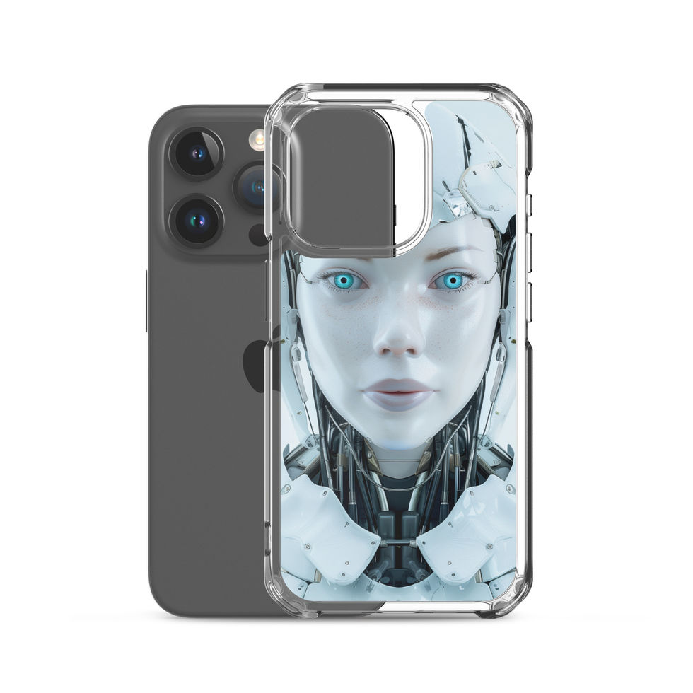 Elegant female cyborg with exposed neck mechanics on a transparent case – front product view