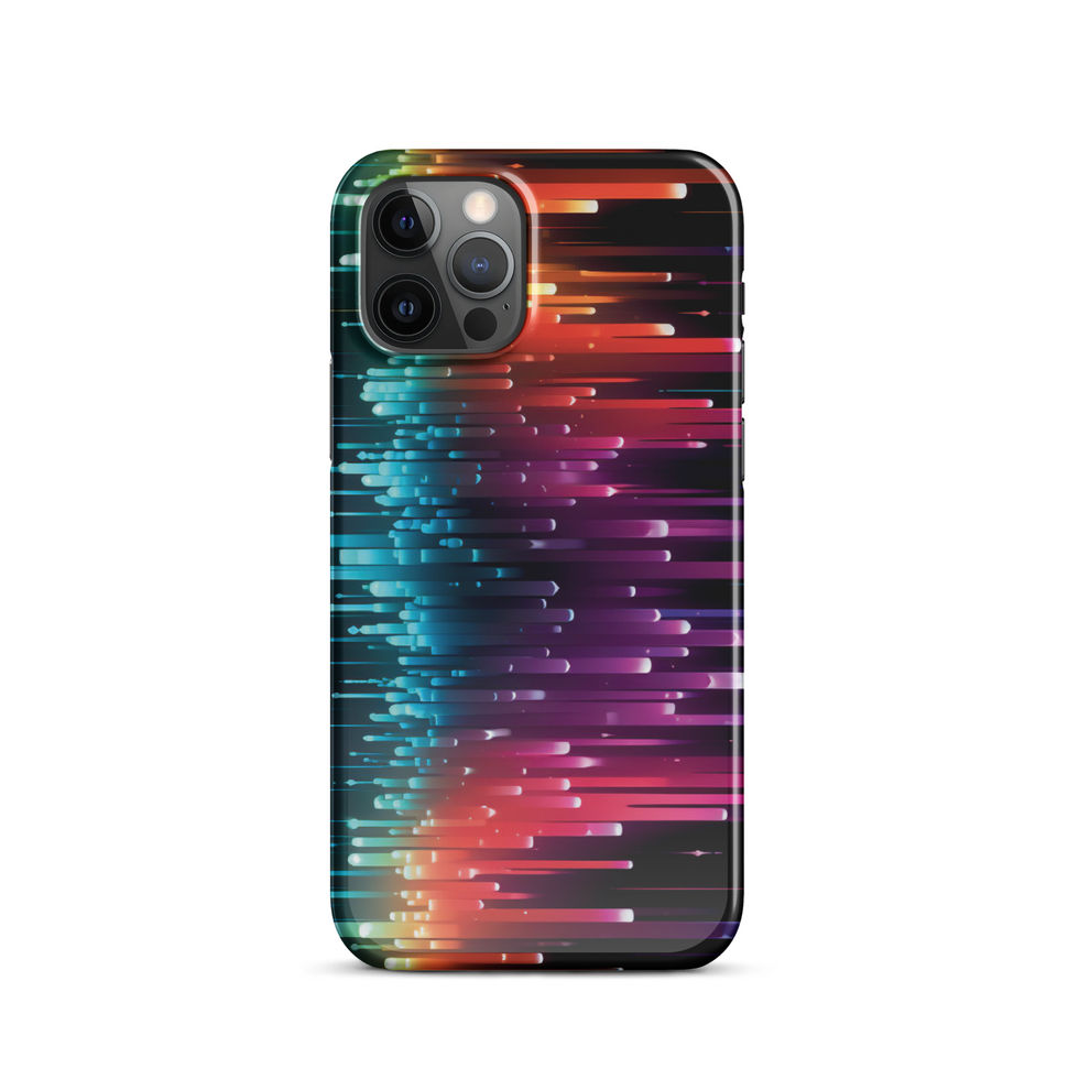 Neon Pulse slim iPhone Snap Case on a vinyl record display, featuring the glowing rainbow rhythm artwork, image 7.