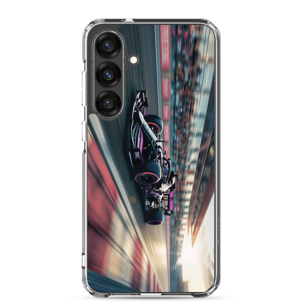 Black n Purple Power Clear case for Galaxy S25 Plus, black and purple race car artwork, rear view on white