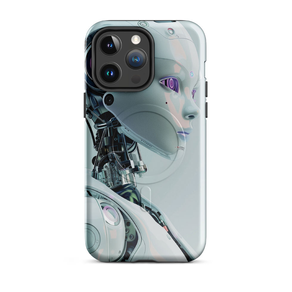 Cyber Luminara MagSafe tough case featuring a sleek cybernetic portrait on a white phone case