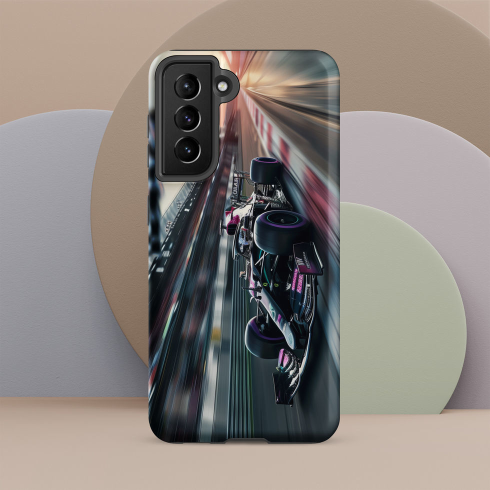 Midnight Velocity Tough case for Galaxy S21 FE, race car and night lights, rear view on beige display