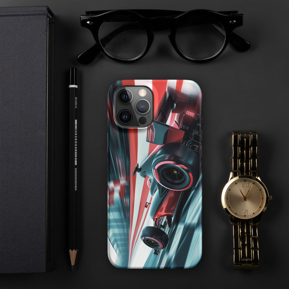 Podium Pursuit Snap case for iPhone 12 Pro Max, red race car and track streaks, black desk with glasses and watch