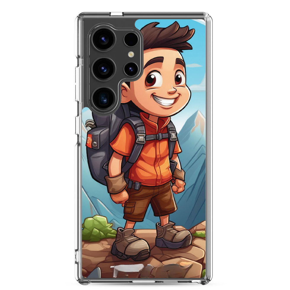 Trailblazer clear Samsung phone case showing sunny alpine landscape in rear case mockup