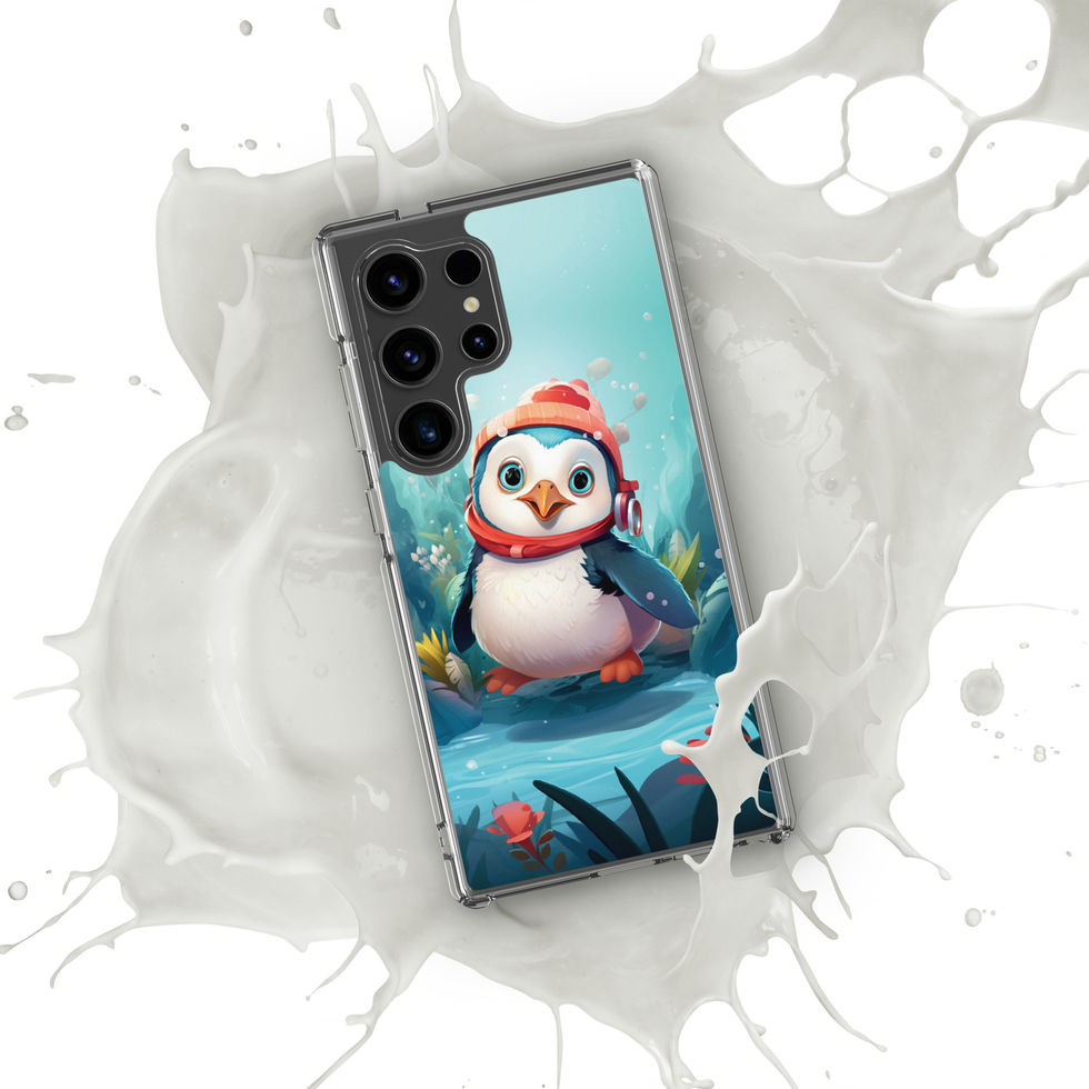 Aquatic penguin-mockup-46 showing Aqua Explorer artwork on a Samsung clear phone case