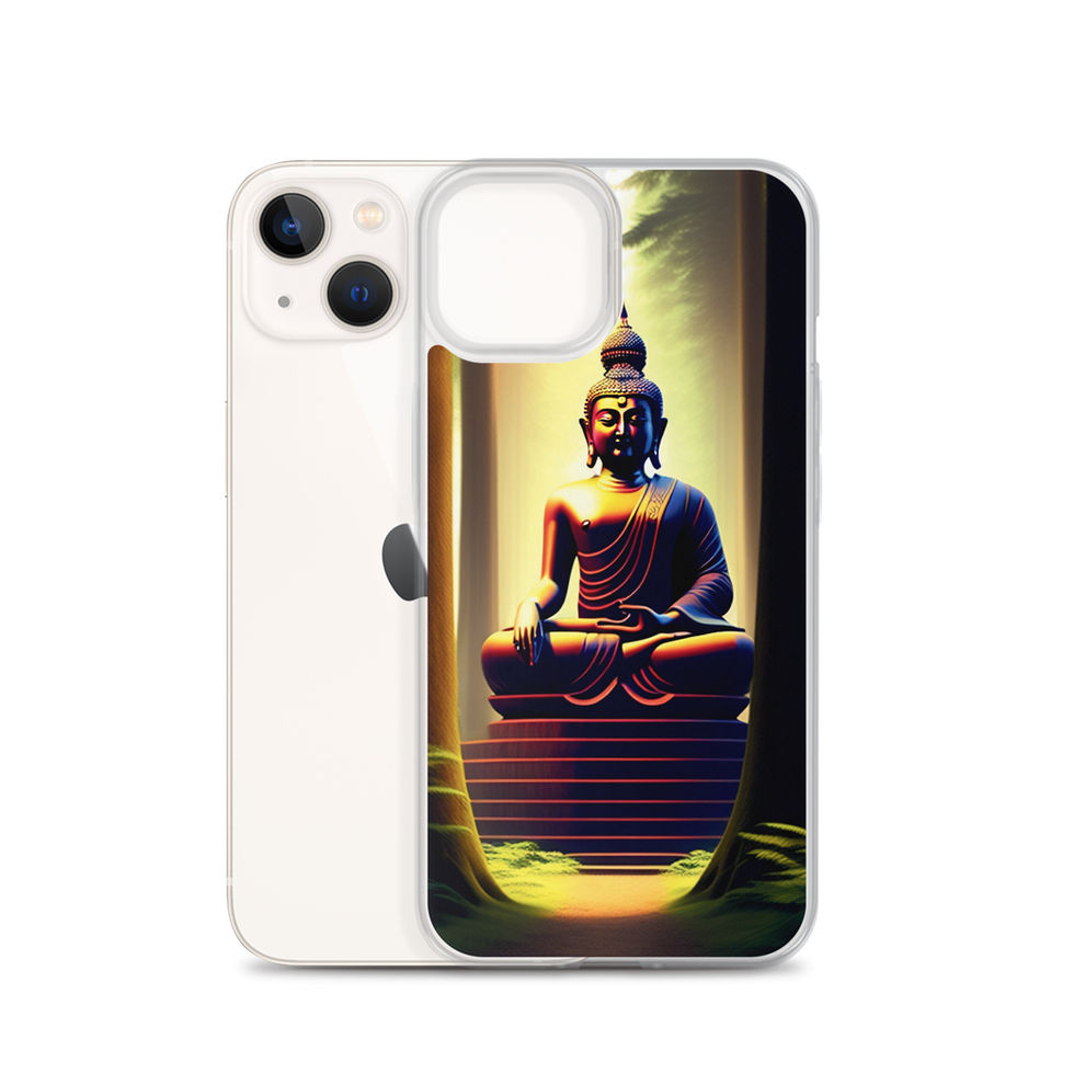 Praying Buddha iPhone clear case, showing contemplative statue surrounded by warm colour.