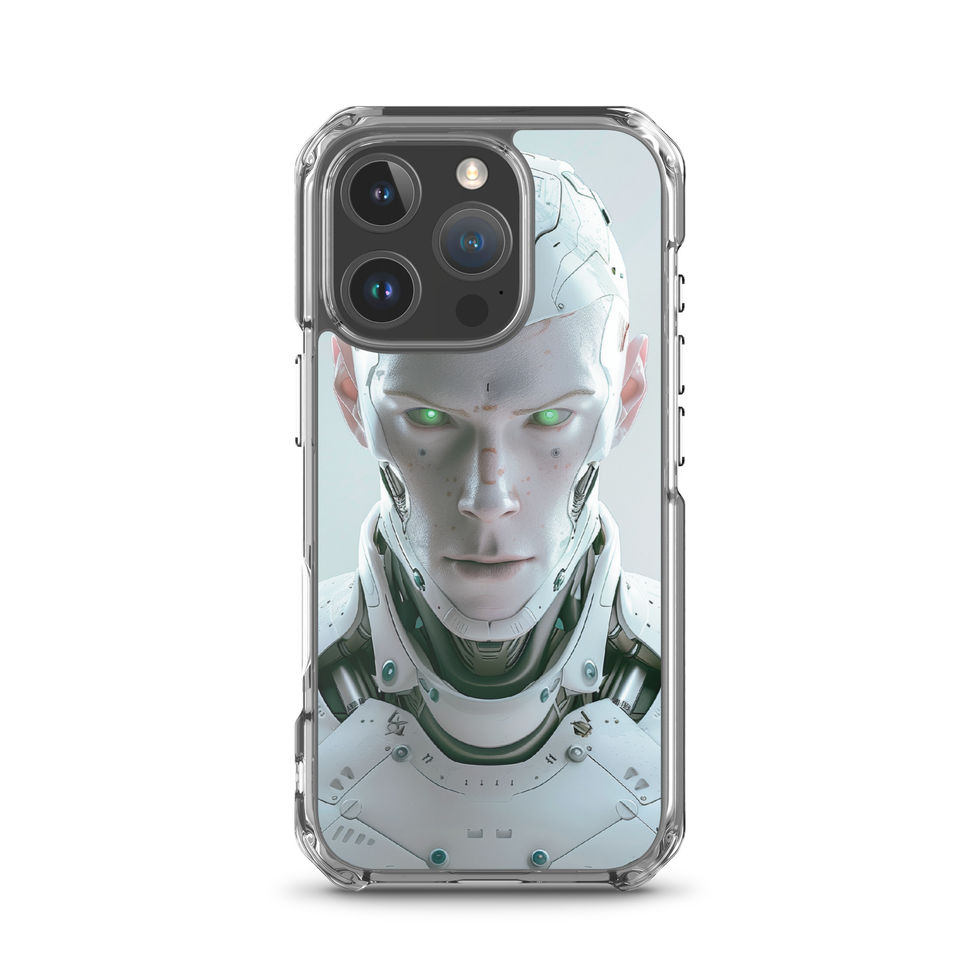 Forward-facing AI sentinel with sculpted metallic panels; full artwork view on an iPhone® Clear Case.