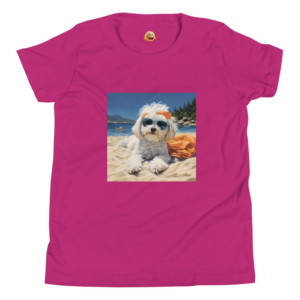 Sandy Sunshine: berry pink youth short-sleeve T-shirt with a puppy wearing sunglasses on a beach