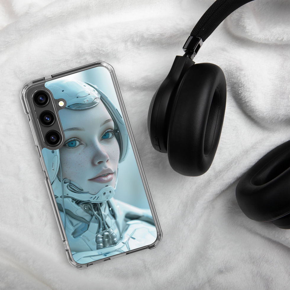 Cybernetic Muse robot artwork with mechanical details; full artwork view on a Samsung® Clear Case.