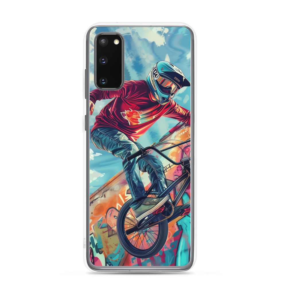 Graffiti Ride Clear case for Galaxy S20, red-top BMX rider and vivid graffiti, rear view on white