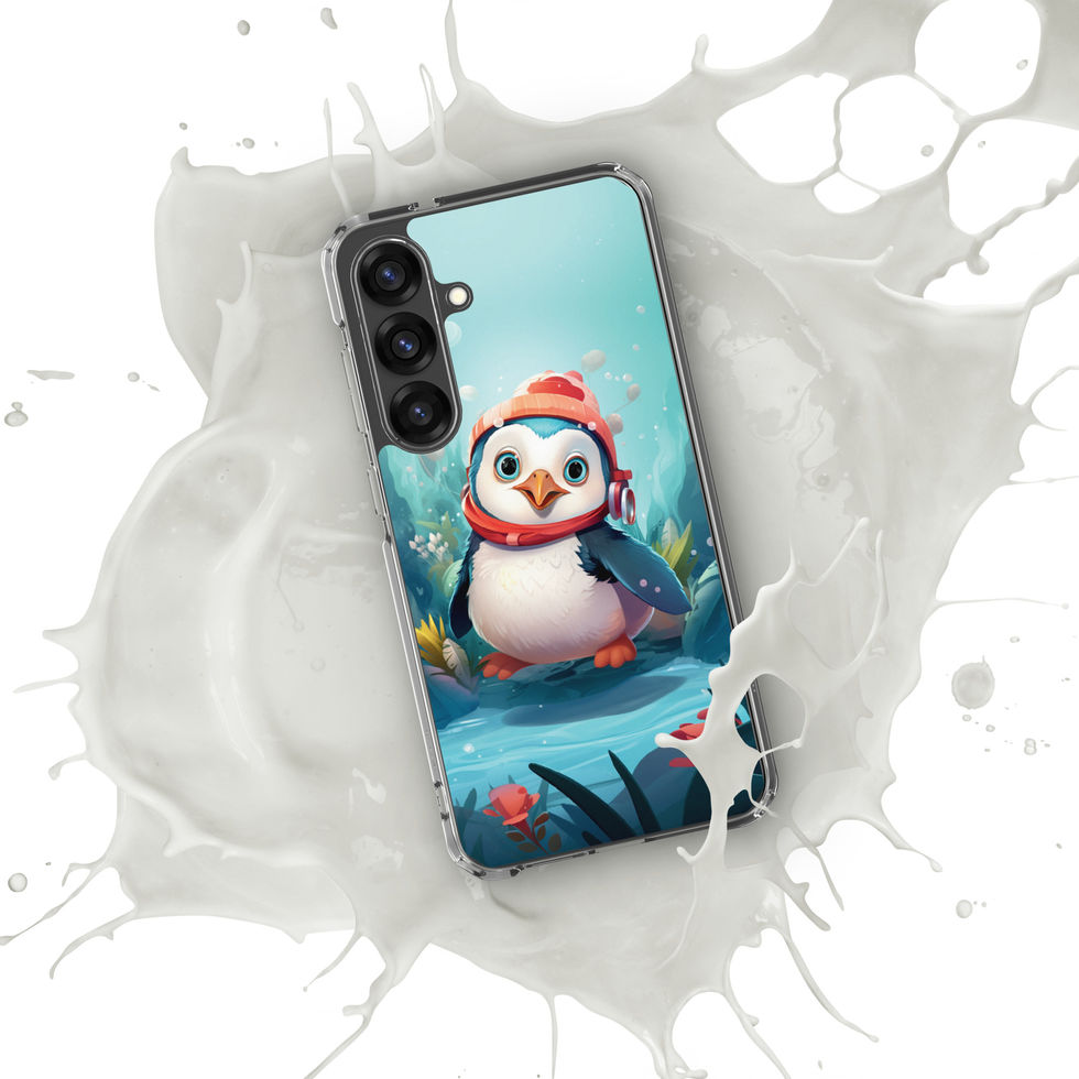 Aquatic penguin-mockup-26 showing Aqua Explorer artwork on a Samsung clear phone case