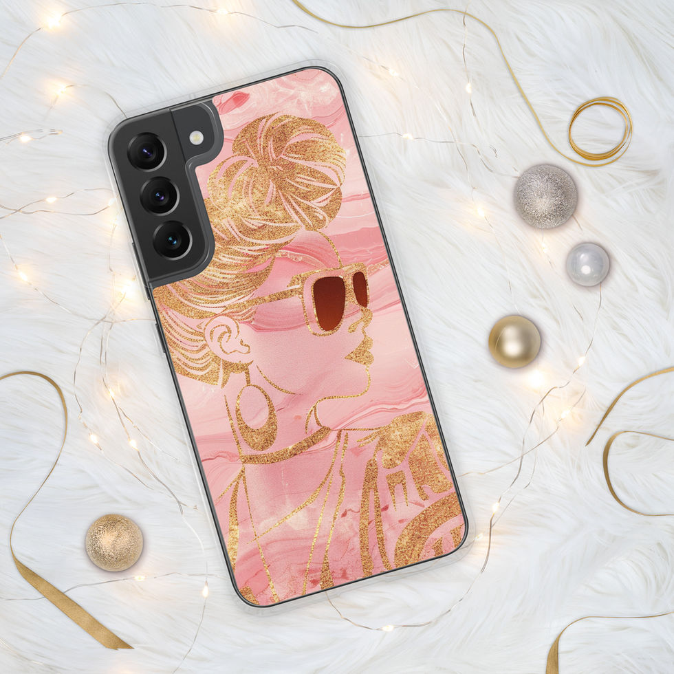 Golden Luxe clear case for Samsung shown diagonally with pink floral print and a dark camera cutout.