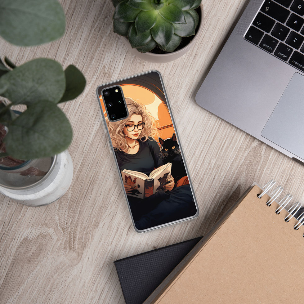 Literary Haven clear Samsung case with woman with swept-back hair