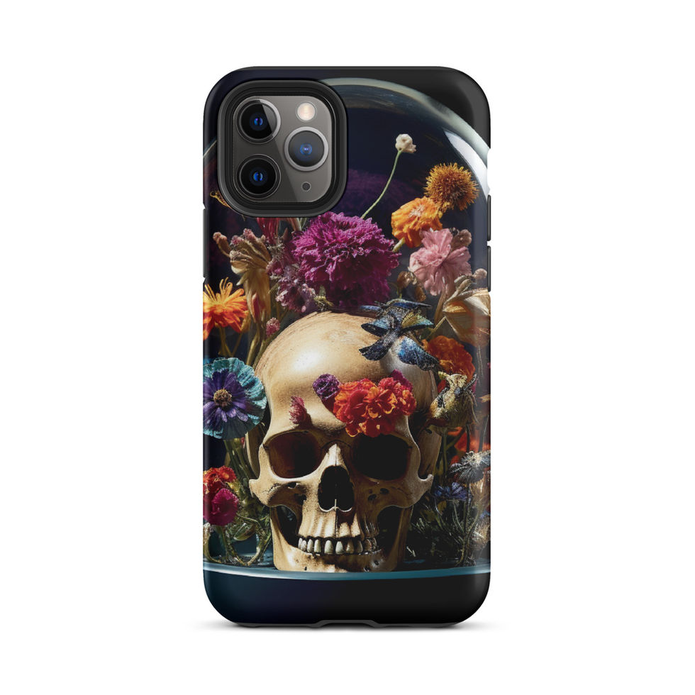 Bloom & Bones tough iPhone case showing magenta flowers above a cream skull
