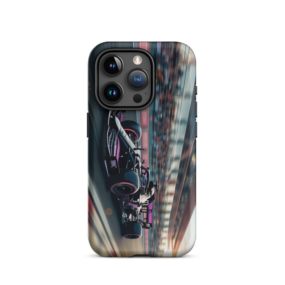 Black n Purple Power Tough case for iPhone 15 Pro, black and purple race car artwork, rear view on white