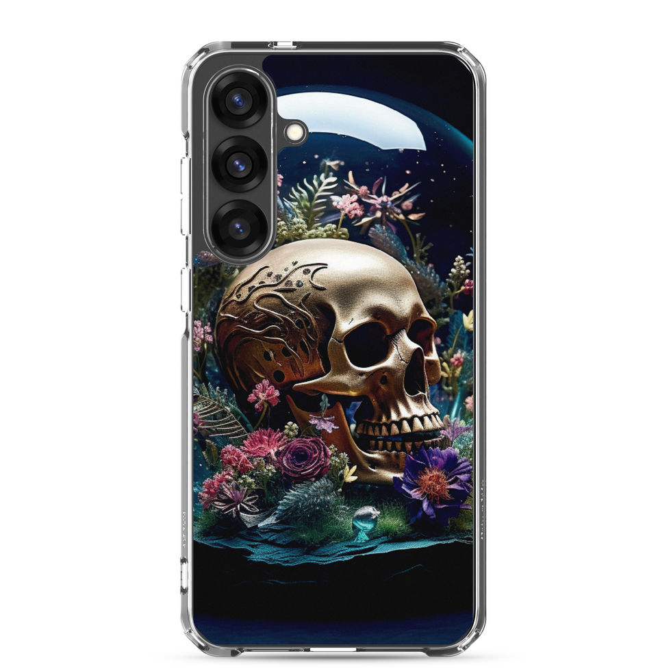 Product image of Gilded Veil Samsung clear case showing gold-toned skull in side profile