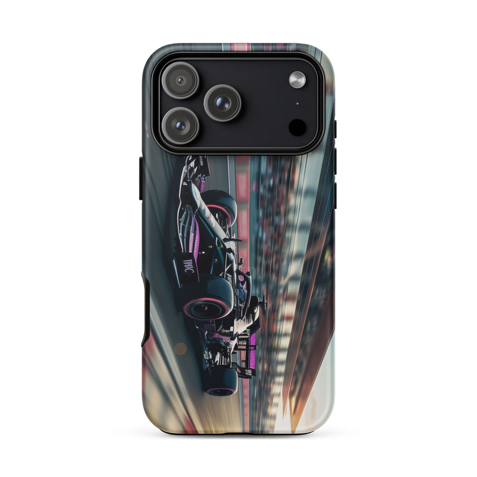 Black n Purple Power Tough case for iPhone 17 Pro Max, black and purple race car artwork, rear view on white
