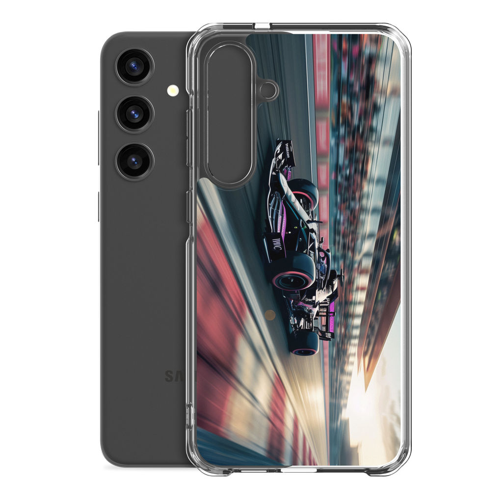 Black n Purple Power Clear case for Galaxy S24 Plus, black and purple race car artwork, phone and case on white