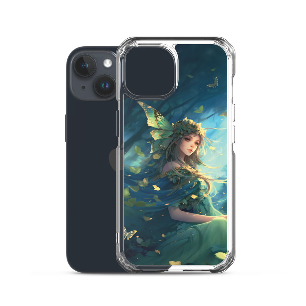 Printed back of Forest Enchantress iPhone clear case showing mystical figure among trees