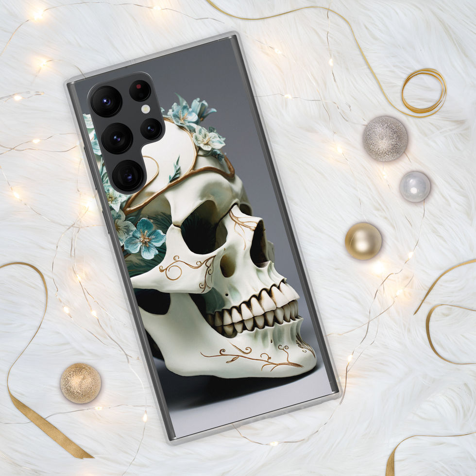 Bone-white skull on a Samsung phone case showing pale bone tones and curling lines