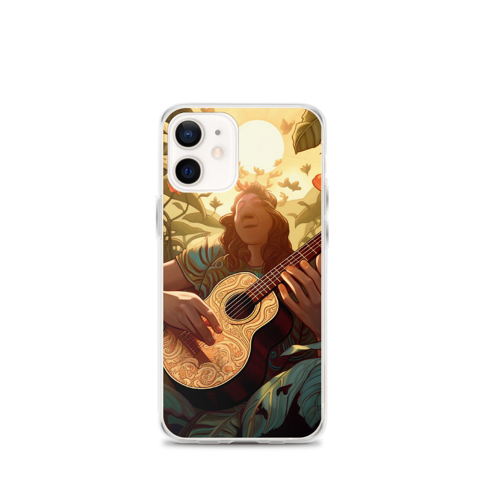 Sunlit Serenade clear iPhone case front view in a creative music studio, featuring the sunlit guitar and botanical artwork.
